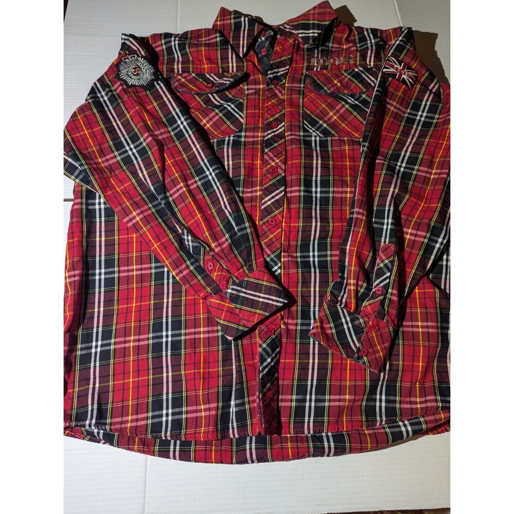 Coogi Mens Button Down Shirt Plaid Union Jack Patches Long Sleeve Pockets XXXL